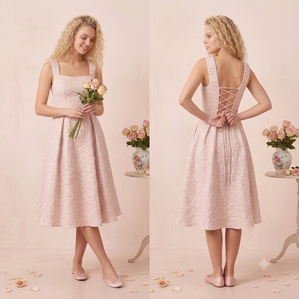 NWT Lulus Pink Floral Jacquard Lace Up Back Midi Dress Square Neck XS